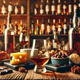 Ein Glas Whisky mit Käse, Schokolade und Nüssen. Perfekt, um zu erfahren, was isst man zu Whisky.