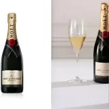 Zwei Flaschen Moët & Chandon Champagner, der beste Champagner der Welt, neben einem Glas prickelnden Champagners.