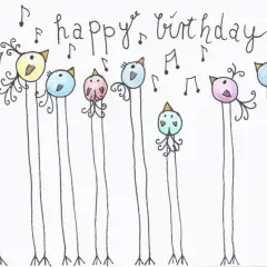 Bunte Vögel singen "Happy Birthday". Ein süßes **Motiv für eine Geburtstagskarte zum Zeichnen**.