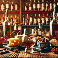 Ein Glas Whisky mit Käse, Schokolade und Nüssen. Perfekt, um zu erfahren, was isst man zu Whisky.
