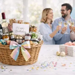 Ein liebevoll dekorierter Geschenkkorb mit Wein, Marmeladen und Nüssen steht bereit für eine Geburtstagsfeier. Im Hintergrund stoßen drei Freunde an.