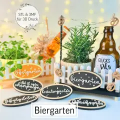 Dekorative Schilder für den Biergarten, perfekt zum Basteln für Geburtstage. Kleine Zäune mit Brezeln und Schildern wie "Biergarten" und "Kräutergarten".