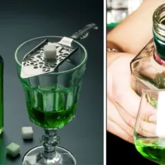 Grüner Absinth wird traditionell mit Zucker und Wasser serviert. So trinkt man Absinth: Ein Zuckerwürfel auf einem Löffel über dem Glas, Tropfen für Tropfen Wasser.