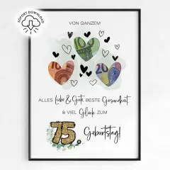 Herzliche Glückwünsche zum 75. Geburtstag! Ein Bild mit Herzen aus Geldscheinen, perfekt für Geldgeschenke zum 75. Geburtstag.
