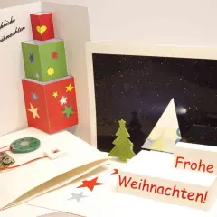 Bastelideen für 3D Weihnachtskarten: Pop-up-Karten mit Sternenhimmel, Geschenken und Soundmodul.