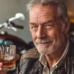 Ein Mann mit grauem Haar und Bart hält ein Glas Bourbon. Im Hintergrund ist ein Motorrad zu sehen.