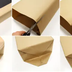 Schritt-für-Schritt-Anleitung, wie man mehrere Geschenke zusammen verpacken kann. Braunes Geschenkpapier wird zugeschnitten und um eine schwarze Schachtel gewickelt.