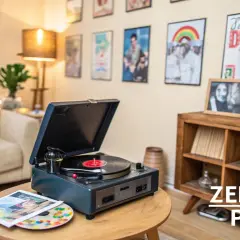 Gemütliches Wohnzimmer mit Plattenspieler, Fotos und Lichterkette – perfekt für runde Geburtstage und eine Zeitreise-Party.