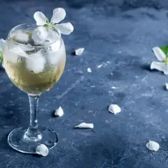 Ein Glas mit einem erfrischenden, eisgekühlten Getränk, garniert mit einer weißen Blüte. Zarte Blütenblätter liegen auf dem dunklen Untergrund. Ein sommerlicher porto tonico.