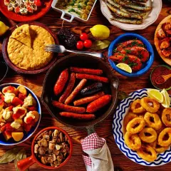 Vielfältige Tapas-Auswahl, perfekt für einen selbstgemachten Geschenkkorb: Chorizo, Garnelen, Calamari, Patatas Bravas und mehr.