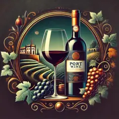 Ein Glas und eine Flasche Portwein, umrahmt von Weinreben und einer Landschaft mit Weinbergen. Der volle **portwein geschmack** verspricht Genuss.