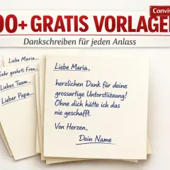 Karten mit Dankschreiben für jeden Anlass. Eine Karte zeigt "Liebe Maria, herzlichen Dank für deine grossartige Unterstützung! Ohne dich hätte ich das nie geschafft.