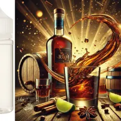 Ein Glas mit goldenem Rum, bereit zum Genießen. Daneben eine Flasche, Fässer und Gewürze.