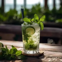 Erfrischender Mojito mit braunem Rum, Minze und Limette auf Holztisch.