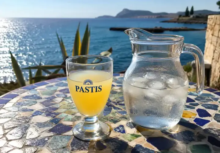 Ein Glas Pastis und ein Krug Eiswasser stehen auf einem bunten Mosaiktisch am Meer. So trinkt man Pastis.