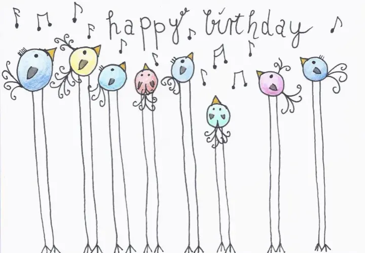 Bunte Vögel singen "Happy Birthday". Ein süßes **Motiv für eine Geburtstagskarte zum Zeichnen**.