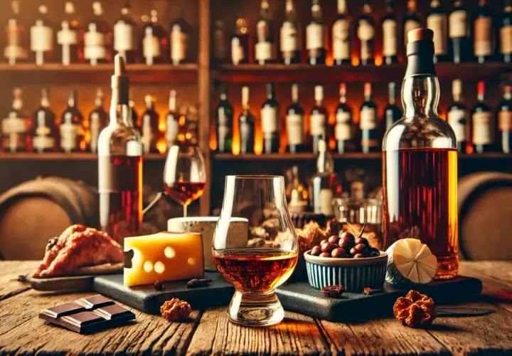 Ein Glas Whisky mit Käse, Schokolade und Nüssen. Perfekt, um zu erfahren, was isst man zu Whisky.