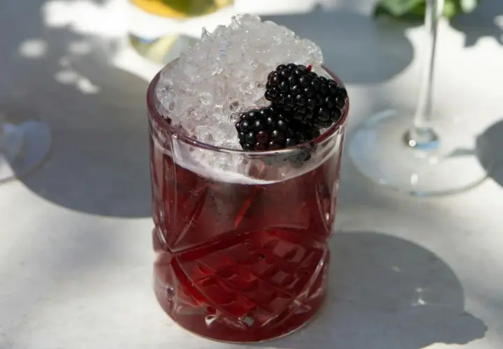 Ein erfrischender Drink mit zerstoßenem Eis und Brombeeren. Perfekt für einfache Cocktails an einem sonnigen Tag.