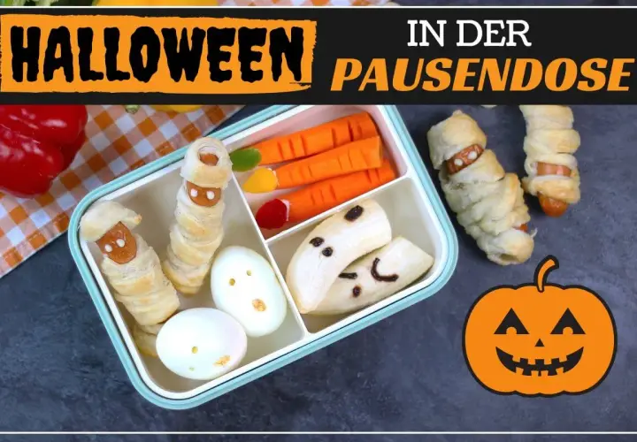 Gruselige Snacks für Halloween: Mumien-Würstchen, Geister-Bananen und Kürbis-Deko in der Pausendose.