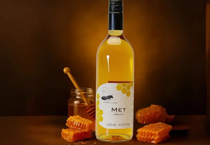 Flasche Met mit Honigwaben und Honigglas. So trinkt man Met: pur, gekühlt oder leicht erwärmt, ein Genuss!