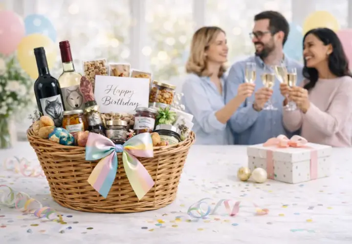 Ein liebevoll dekorierter Geschenkkorb mit Wein, Marmeladen und Nüssen steht bereit für eine Geburtstagsfeier. Im Hintergrund stoßen drei Freunde an.