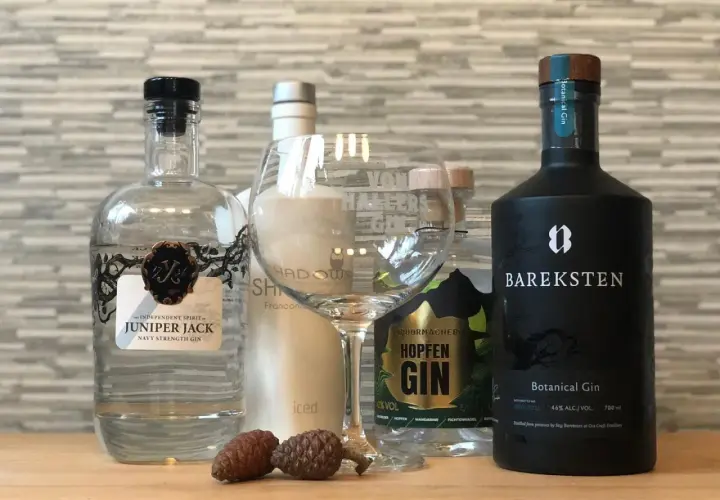 Mehrere Flaschen Gin, darunter Juniper Jack und Bareksten Botanical Gin, stehen neben einem leeren Glas und Zapfen.