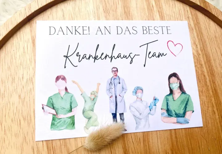 Danke an das beste Krankenhaus-Team! Eine Karte mit Illustrationen von medizinischem Personal und der Aufschrift "Danke! An das beste Krankenhaus-Team".