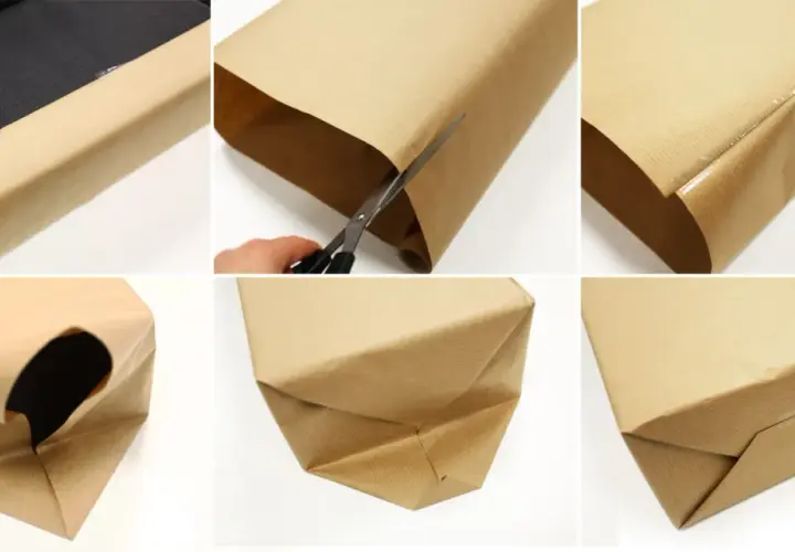 Schritt-für-Schritt-Anleitung, wie man mehrere Geschenke zusammen verpacken kann. Braunes Geschenkpapier wird zugeschnitten und um eine schwarze Schachtel gewickelt.