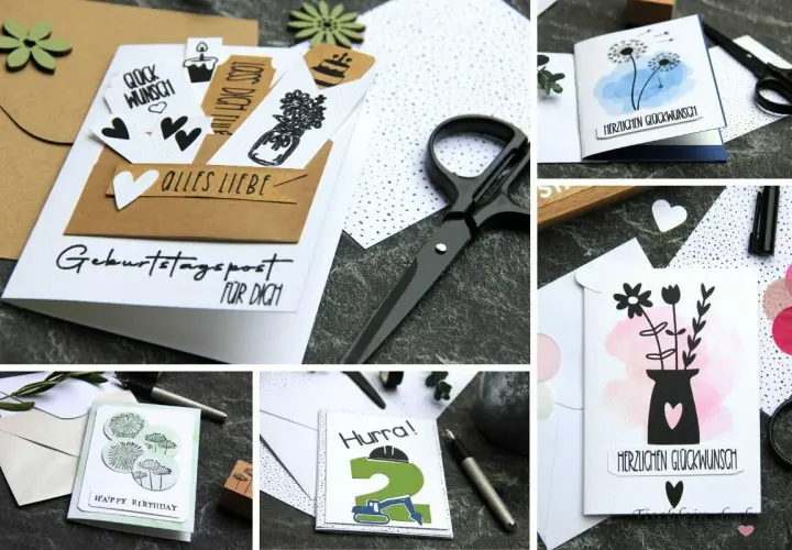 Kreative Ideen, um besondere Karten selber basteln. Verschiedene Designs mit Stempeln, Aquarell und süßen Botschaften.