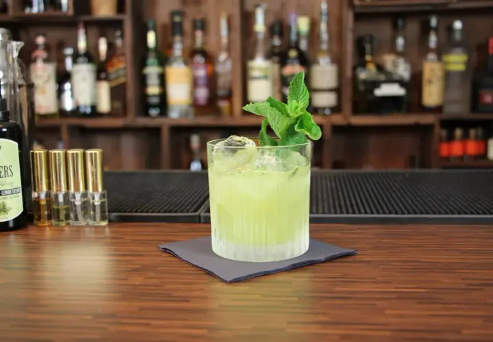 Ein erfrischender grüner Cocktail mit Minze, Eis und einer Flasche Bitters. Perfekt, um zu sehen, mit was man Tequila mischt.