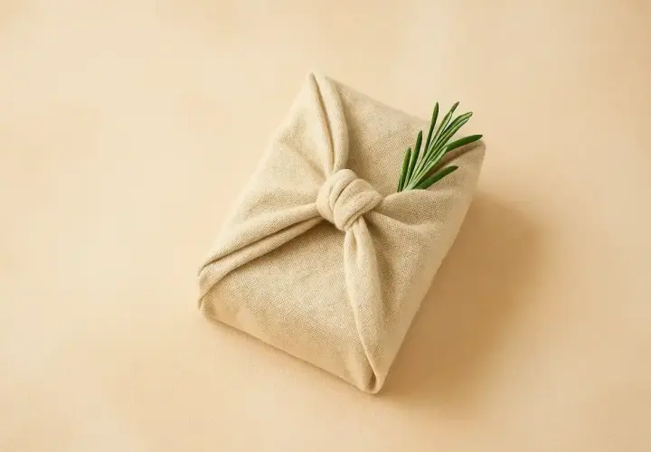 Ein Geschenk, in Stoff gewickelt und mit einem Rosmarinzweig verziert. Tolle geschenke verpacken ideen für einen natürlichen Look.