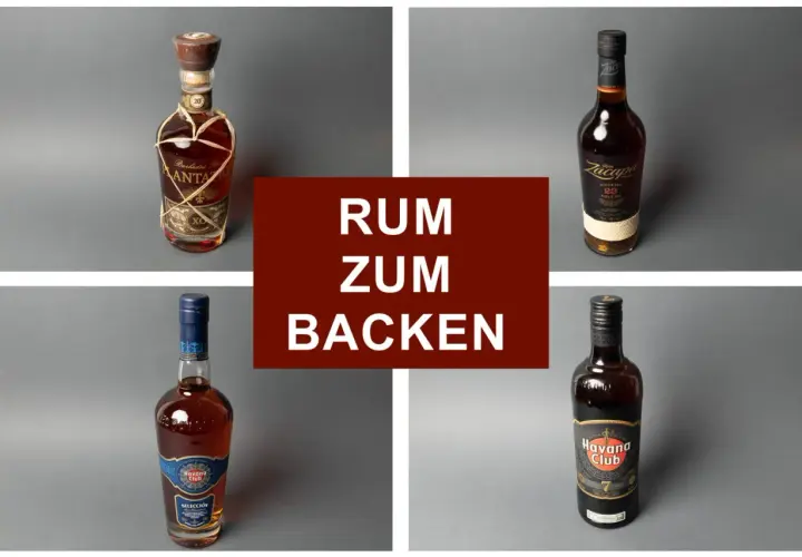 Vier Flaschen Rum, ideal zum Backen: Mount Gay XO, Zacapa 23, Havana Club Selección und Havana Club 7 Años.