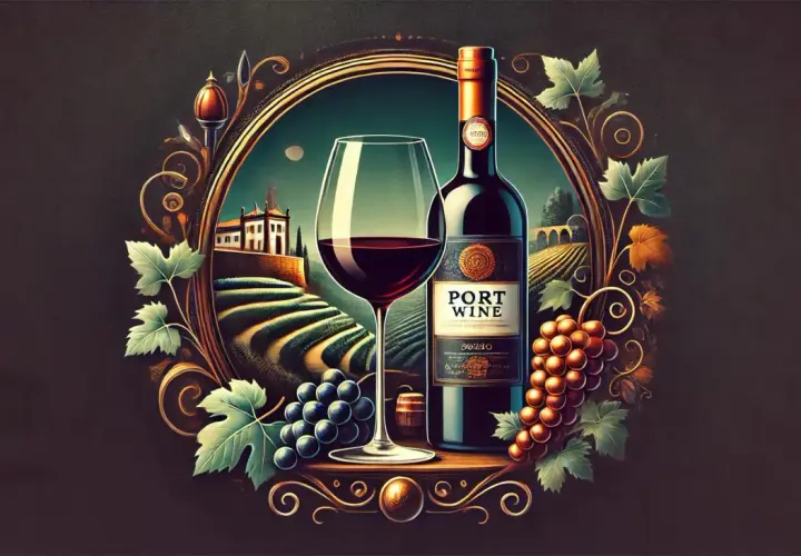 Ein Glas und eine Flasche Portwein, umrahmt von Weinreben und einer Landschaft mit Weinbergen. Der volle **portwein geschmack** verspricht Genuss.