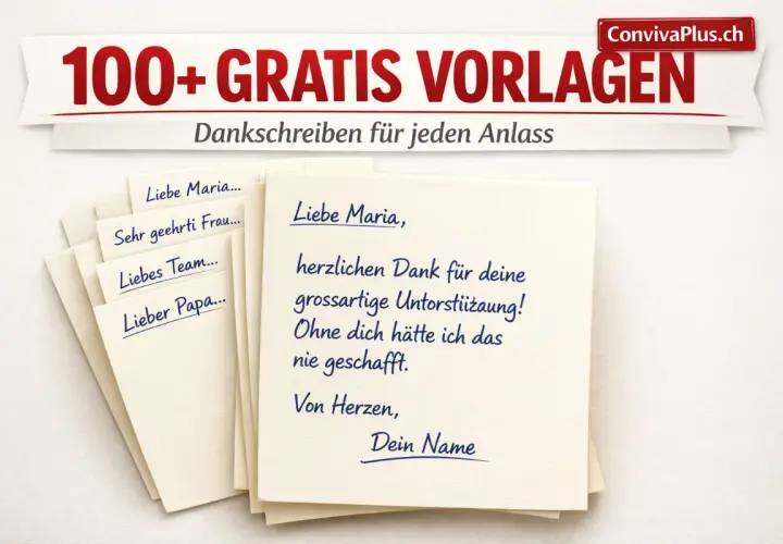 Karten mit Dankschreiben für jeden Anlass. Eine Karte zeigt "Liebe Maria, herzlichen Dank für deine grossartige Unterstützung! Ohne dich hätte ich das nie geschafft.