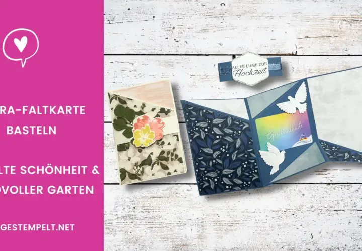 Faltkarten basteln: Eine Miura-Faltkarte mit Blumen und eine weitere mit Tauben und Geschenkkarte für die Hochzeit.