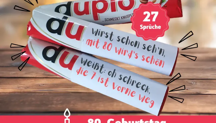 Schokoladenriegel mit lustigen Sprüchen als 80. Geburtstag Geschenk. "Wirst schon seh'n, mit 80 wird's schön!