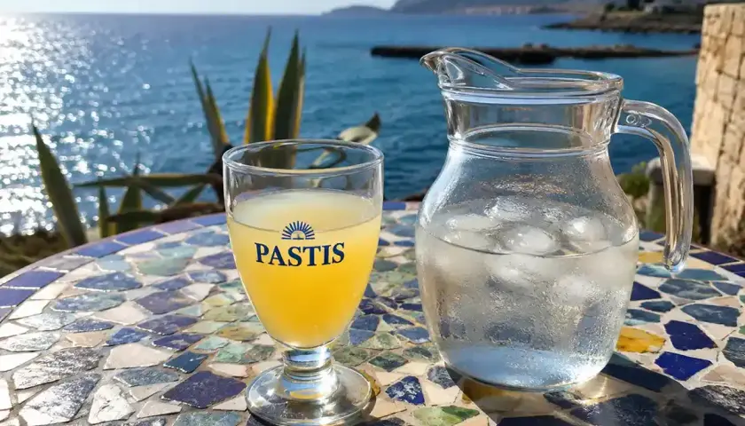 Ein Glas Pastis und ein Krug Eiswasser stehen auf einem bunten Mosaiktisch am Meer. So trinkt man Pastis.