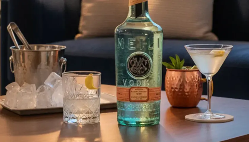 Flasche MEILI VODKA neben Eiswürfeln und Cocktails. Woraus wird Wodka hergestellt? Aus Getreide oder Kartoffeln, destilliert und gefiltert.