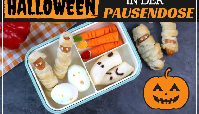 Gruselige Snacks für Halloween: Mumien-Würstchen, Geister-Bananen und Kürbis-Deko in der Pausendose.