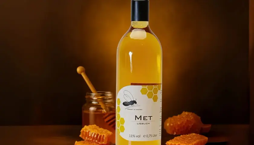 Flasche Met mit Honigwaben und Honigglas. So trinkt man Met: pur, gekühlt oder leicht erwärmt, ein Genuss!