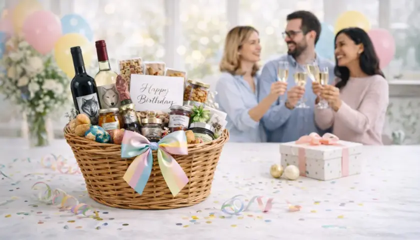 Ein liebevoll dekorierter Geschenkkorb mit Wein, Marmeladen und Nüssen steht bereit für eine Geburtstagsfeier. Im Hintergrund stoßen drei Freunde an.