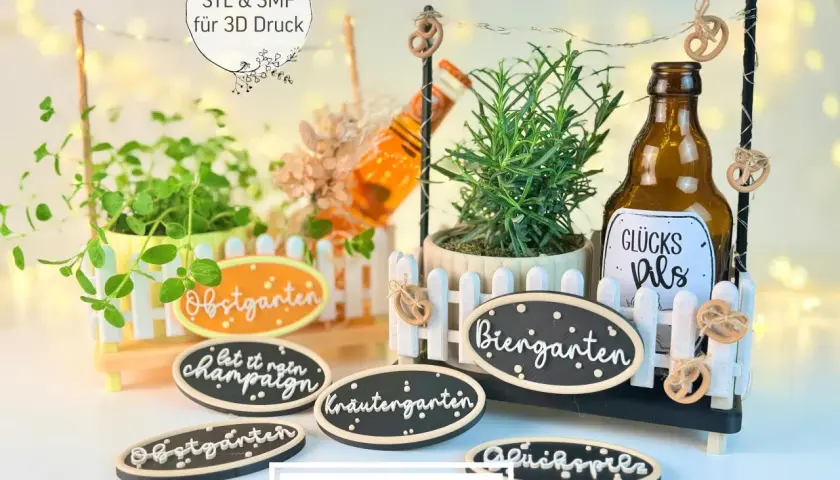 Dekorative Schilder für den Biergarten, perfekt zum Basteln für Geburtstage. Kleine Zäune mit Brezeln und Schildern wie "Biergarten" und "Kräutergarten".