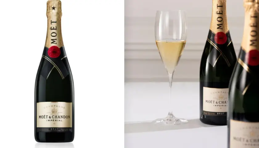 Zwei Flaschen Moët & Chandon Champagner, der beste Champagner der Welt, neben einem Glas prickelnden Champagners.