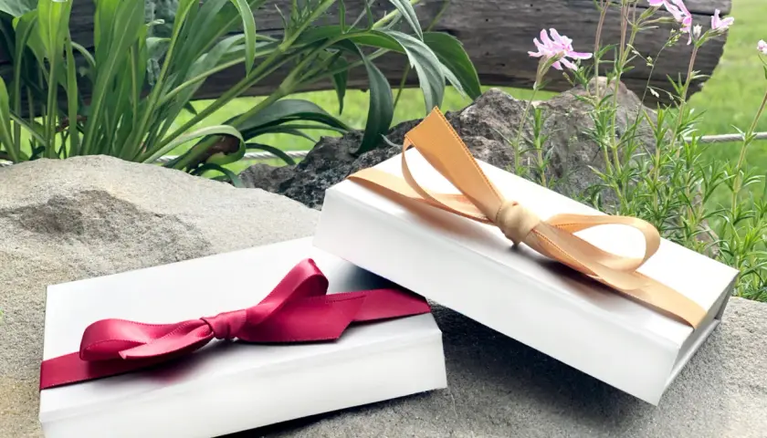 Zwei weiße Schachteln, die wie Geschenke aussehen, sind mit roten und goldenen Bändern verziert. Perfekt, um einen Gutschein in Folie zu verpacken.