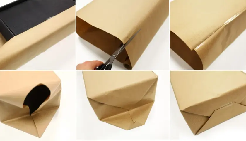Schritt-für-Schritt-Anleitung, wie man mehrere Geschenke zusammen verpacken kann. Braunes Geschenkpapier wird zugeschnitten und um eine schwarze Schachtel gewickelt.