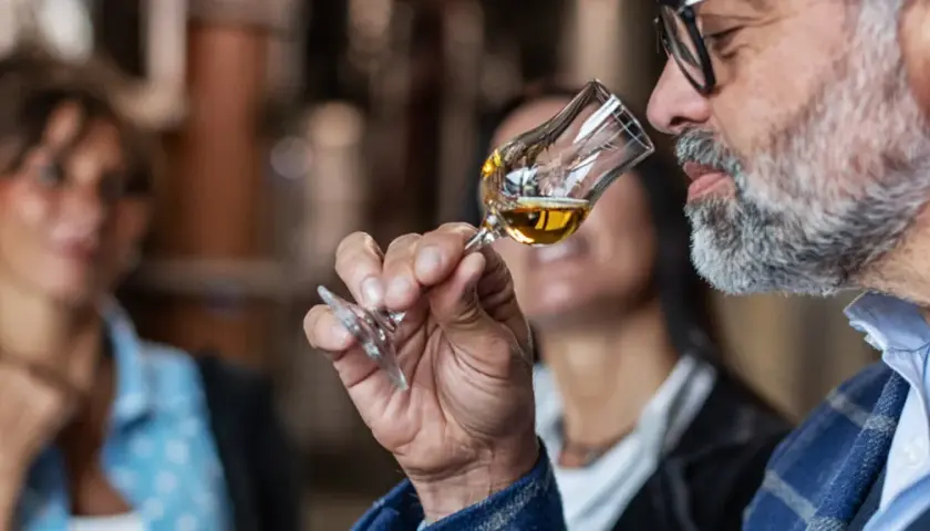 Mann mit Bart schnuppert an einem Grappa-Glas. So trinkt man Grappa: erst riechen, dann genießen.