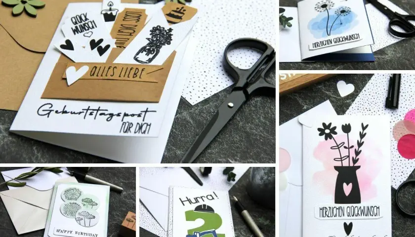 Kreative Ideen, um besondere Karten selber basteln. Verschiedene Designs mit Stempeln, Aquarell und süßen Botschaften.