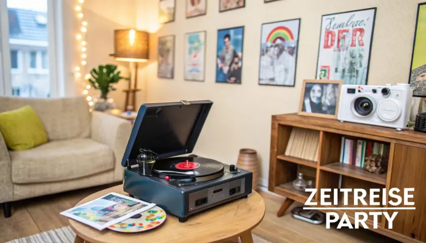 Gemütliches Wohnzimmer mit Plattenspieler, Fotos und Lichterkette – perfekt für runde Geburtstage und eine Zeitreise-Party.