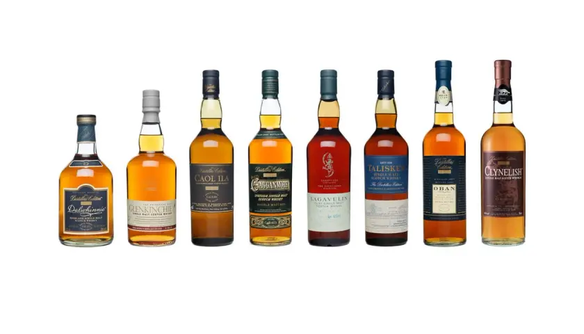A row of eight bottles showcasing various gute whiskey sorten, including Dalwhinnie, Glenkinchie, Caol Ila, Cragganmore, Lagavulin, Talisker, Oban, and Clynelish.