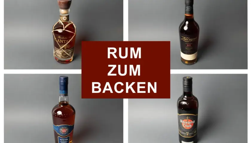Vier Flaschen Rum, ideal zum Backen: Mount Gay XO, Zacapa 23, Havana Club Selección und Havana Club 7 Años.